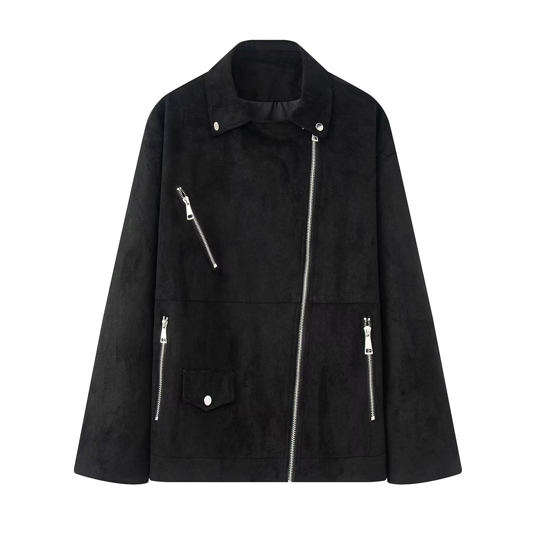 Dam lång oversized bikerjacka i velour look med diagonal dragkedja och multiple fickor