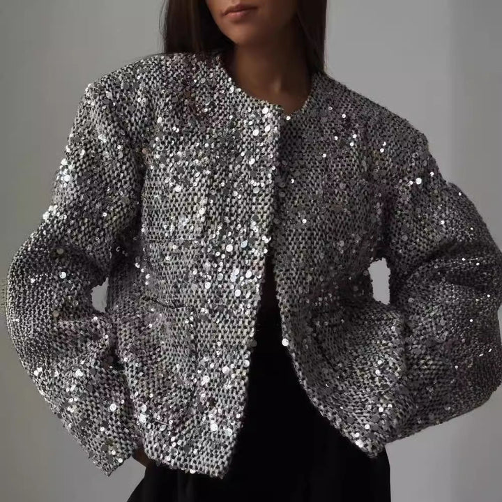 Dam kort jacka med sequin trim och bouclé structure
