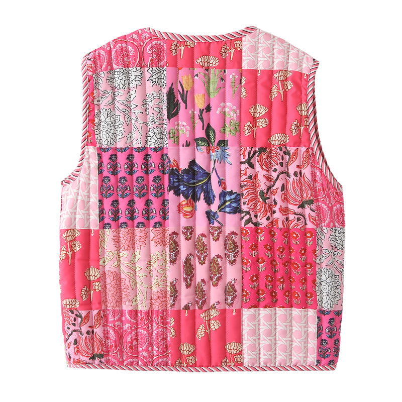 Dam quiltad patchwork väst med tie och V-neck