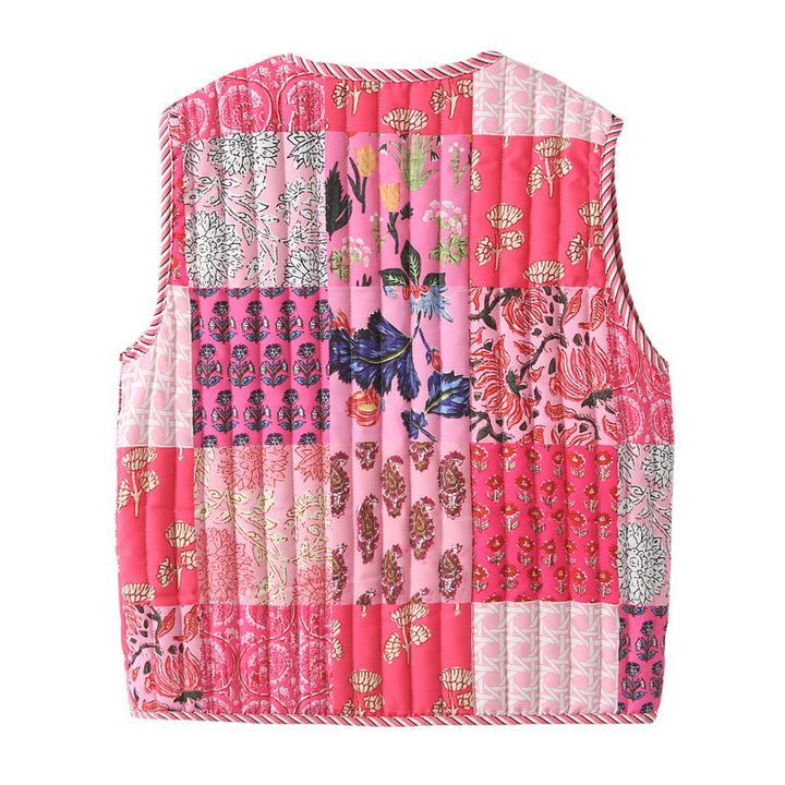 Dam quiltad patchwork väst med tie och V-neck