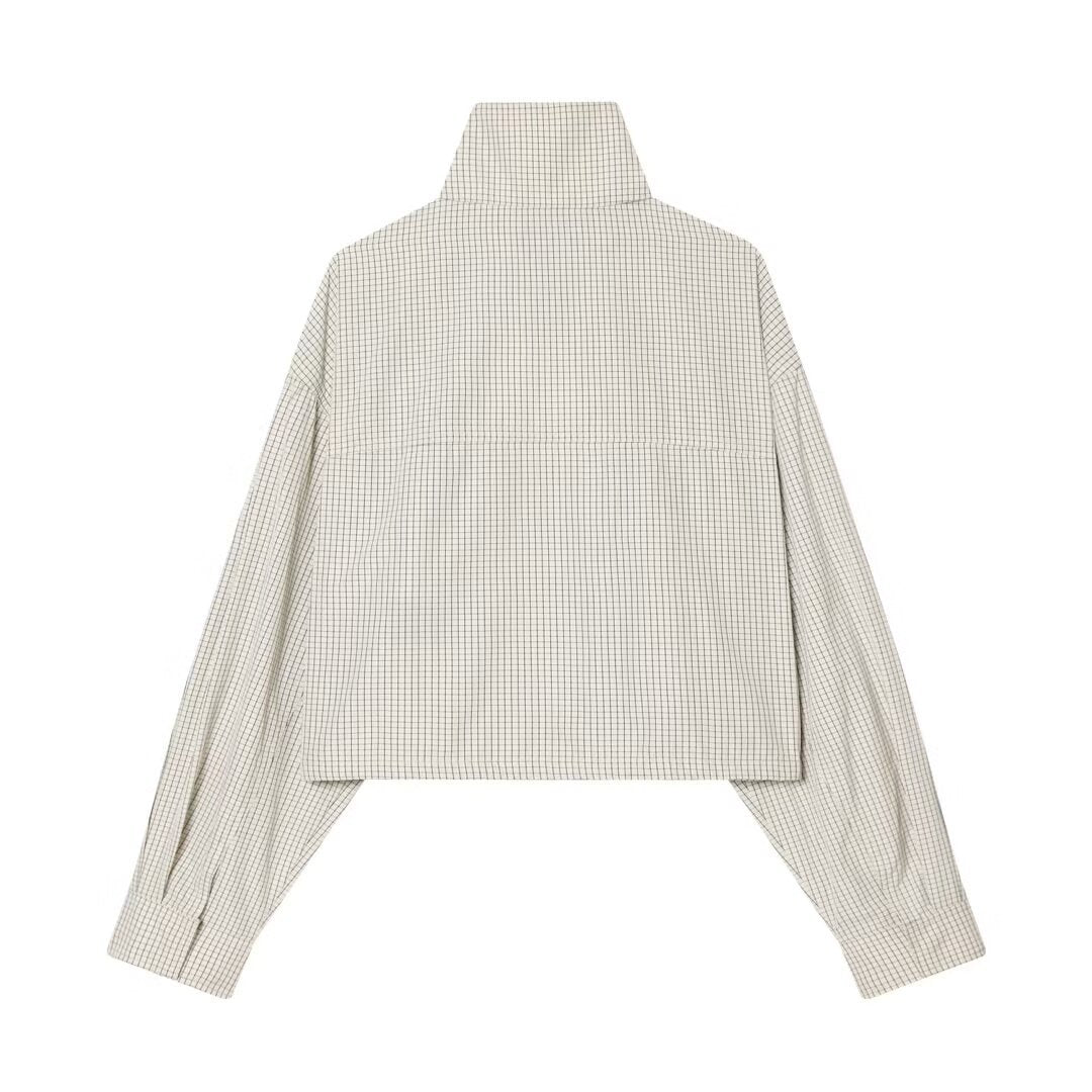 Dam Kort Kort Stå Krage Jacka med Drawstring Nederkant och Fine Check Mönster