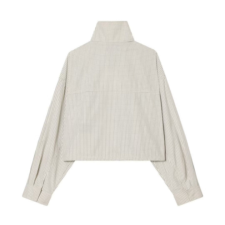 Dam Kort Kort Stå Krage Jacka med Drawstring Nederkant och Fine Check Mönster
