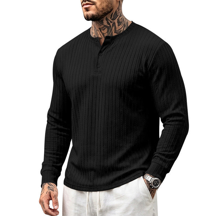 Herr Fin Stickad Henley med Ståkrage och Cable Mönster