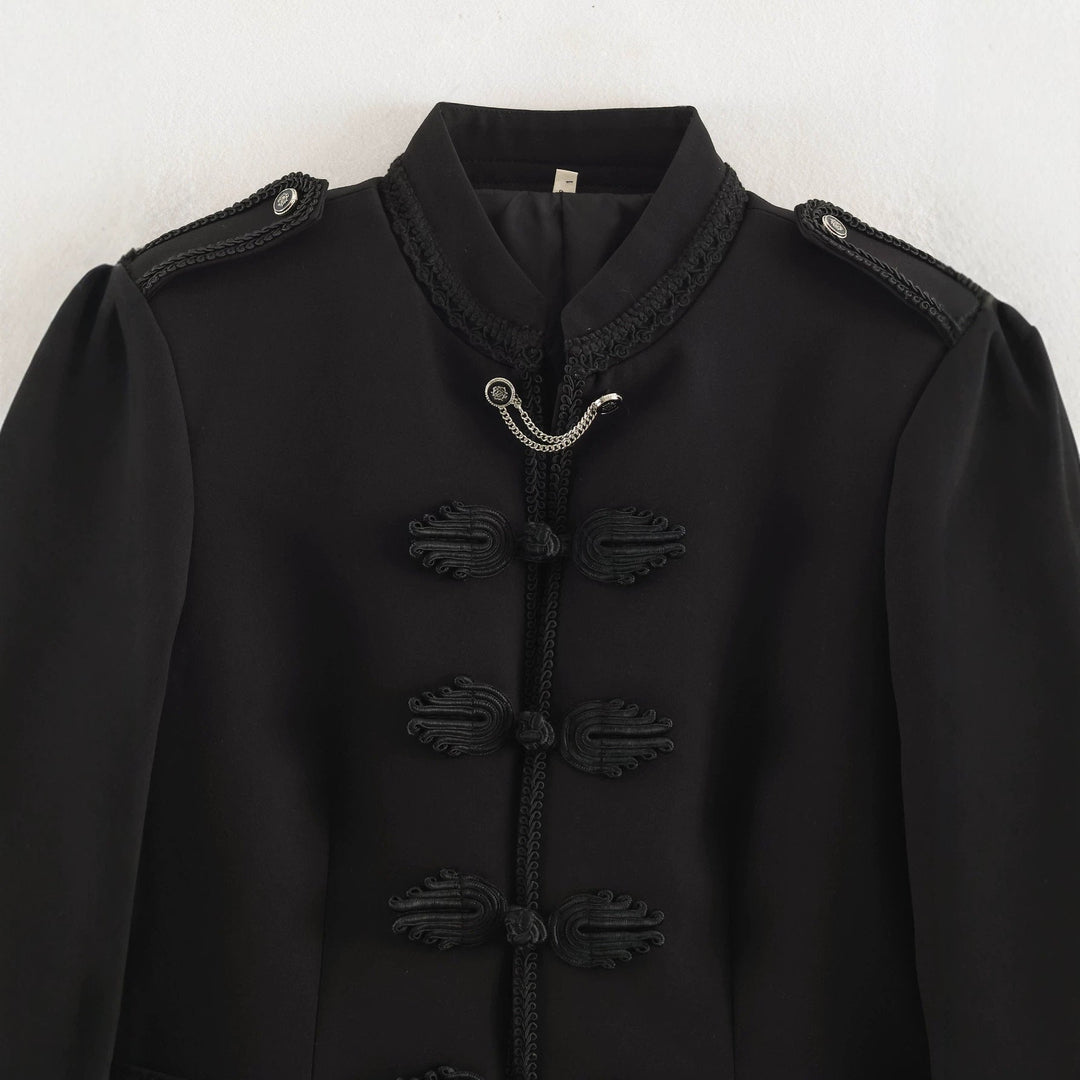 Dam Kort Military-Stil Jacka med Mandarin Krage, Dekorativ Knot, och Epaulettes