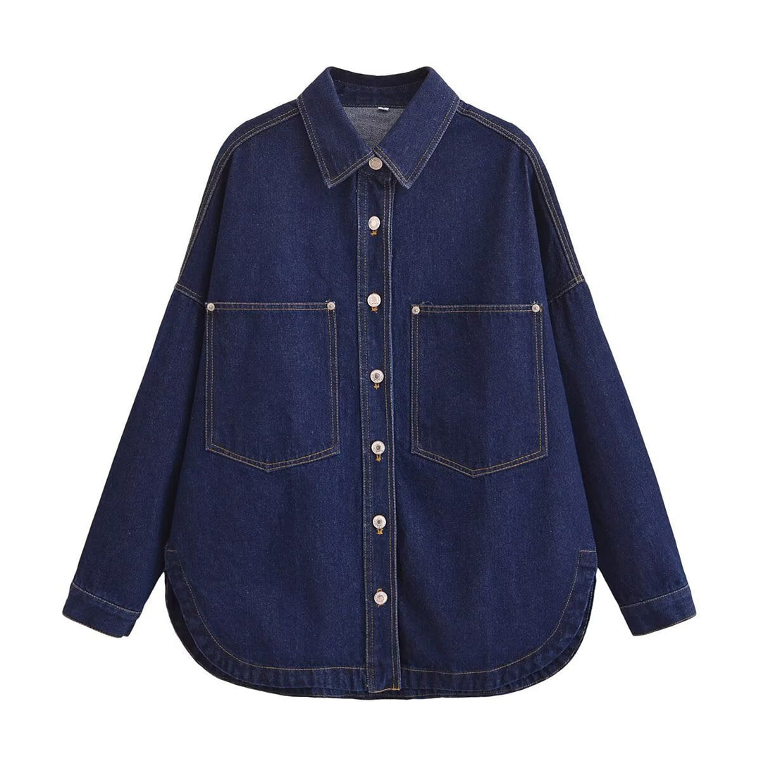 Dam Oversize Jeans Skjortjacka med Patch Fickor och Rounded Nederkant
