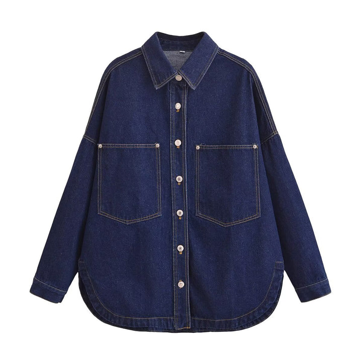 Dam Oversize Jeans Skjortjacka med Patch Fickor och Rounded Nederkant