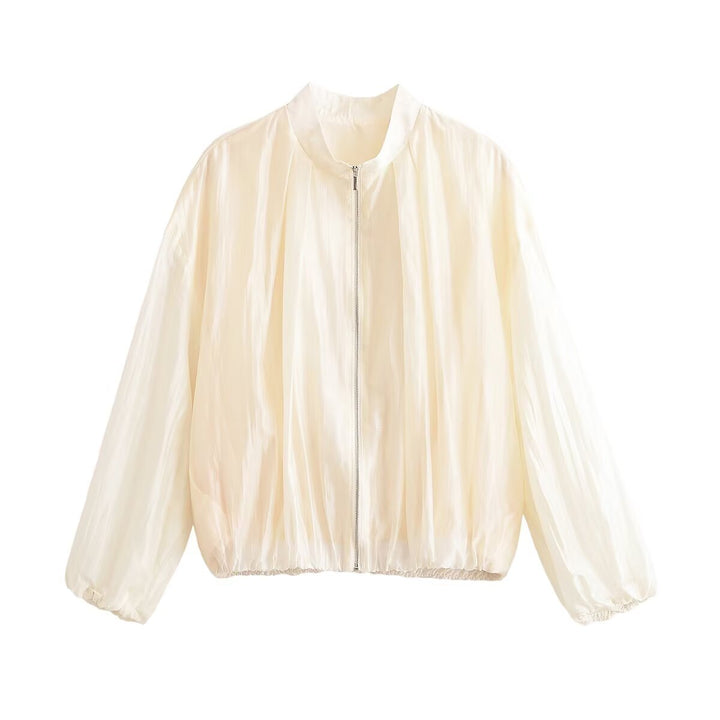 Dam Lätt Kort Blouson i Satin Look med Standing Krage och Elastic Nederkant