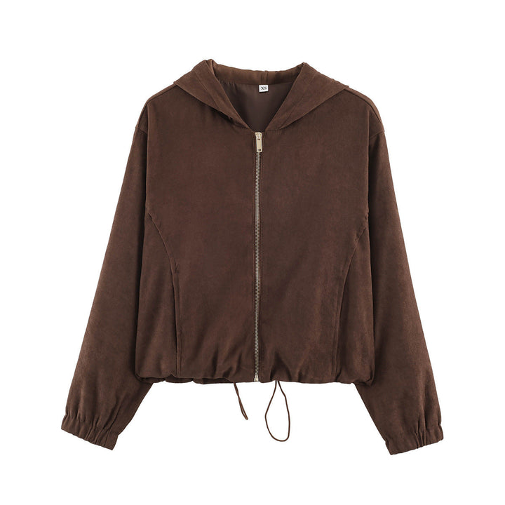 Dam kort jacka in velour look med huva, hellång dragkedja och fåll med dragsko