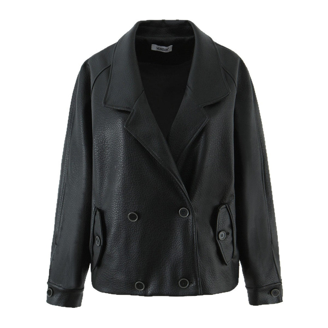 Dam oversize läderlook kappa med Textured Surface och vid Lapels