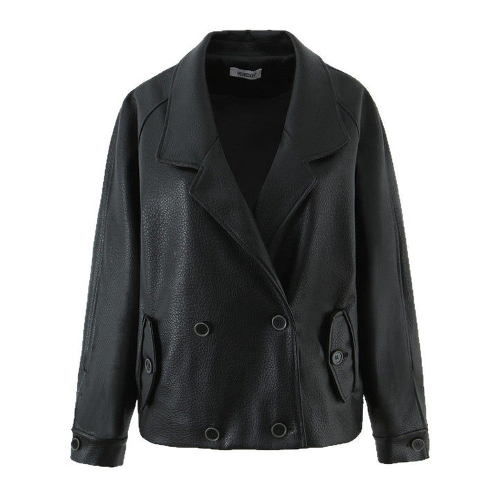 Dam oversize läderlook kappa med Textured Surface och vid Lapels