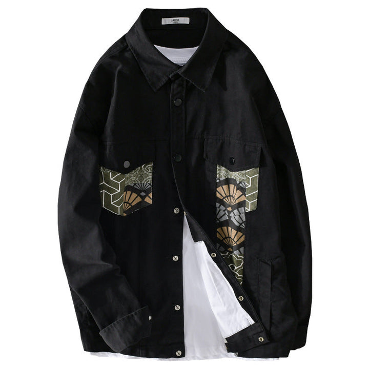 Herr Lätt Canvas Overshirt i Worker Stil med Japanese Mönster Utanpå och Tryckknapp Knapp Slå
