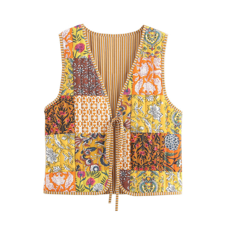 Dam kviltad Waistcoat med Toile tryck, randig foder och dragsko