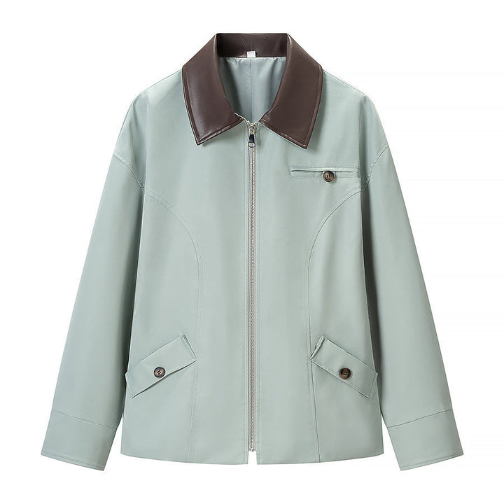 Dam Kort Läderlook Blouson Jacka med Contrast Krage och Dragkedja
