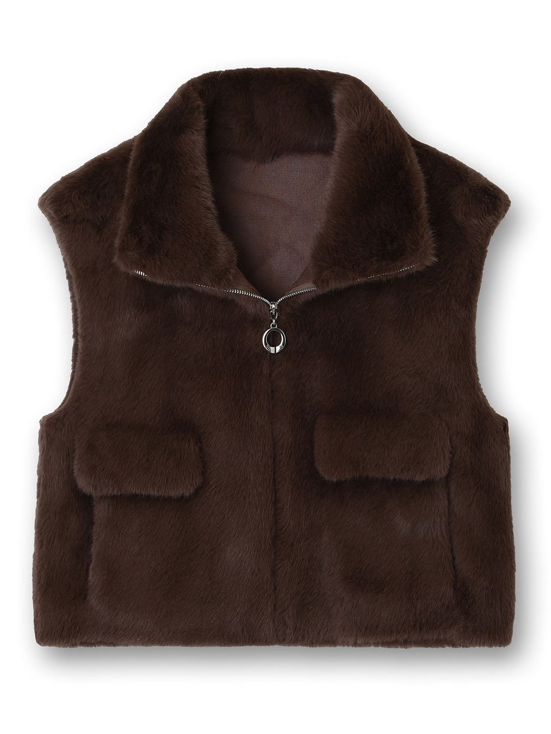 Dam ärmlös Faux Fur väst med ståkrage, dragkedja och Flap fickor
