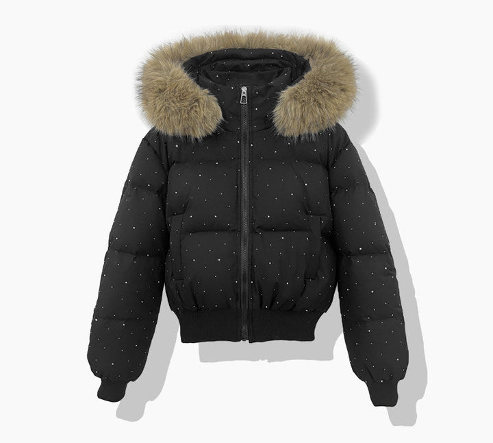 Dam kort quiltad puffer blouse med fine rhinestone embellishment, detachable huva med fuskpäls och elastisk fåll