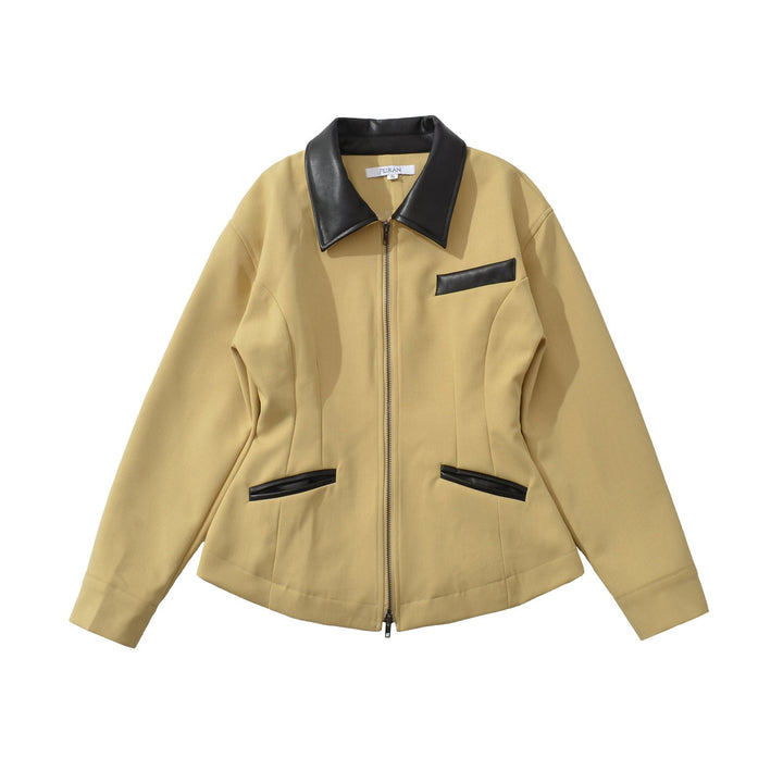 Dam skräddad kort jacka med dragkedja och konstläder Trim