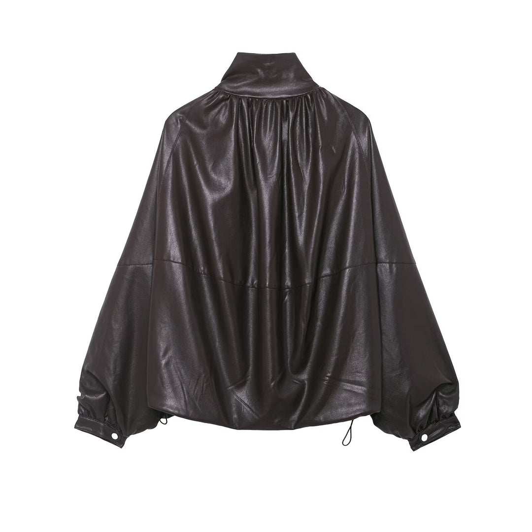 Dam Voluminous konstläder Cape jacka med hög ståkrage och dragsko