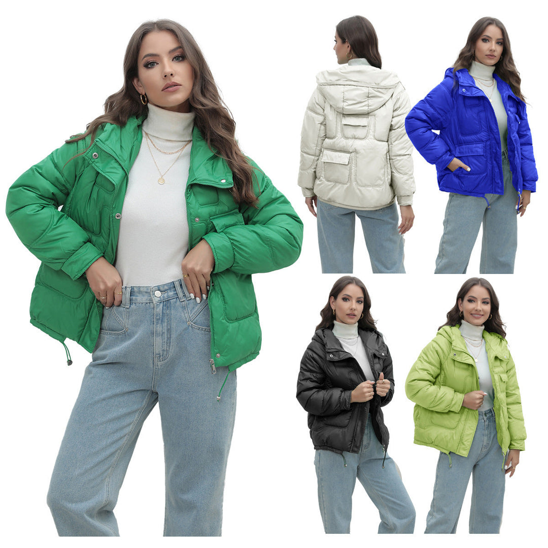 Dam quiltad hooded jacka vadderad med dragkedja och figursydd skärning