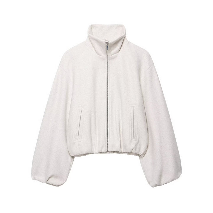 Dam Oversize Kort Blouson med Stå Krage, Dragkedja och Elastic Nederkant