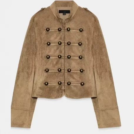 Dam Kort Suede Jacka i Military Look med Dekorativ Parade Knapp Knäppning