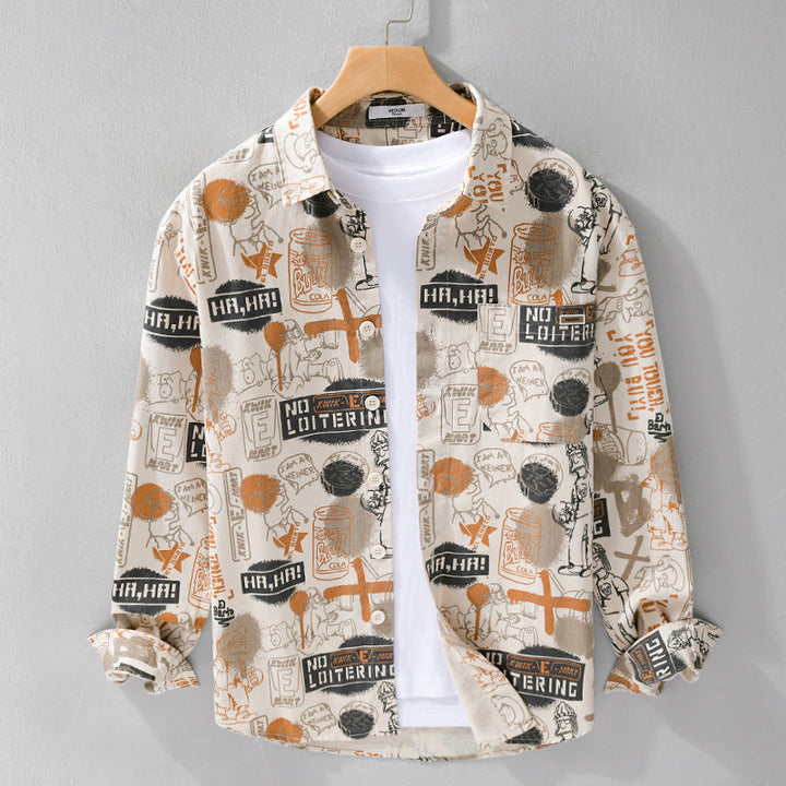Herr Artistic Grafisk Overshirt i Avslappnad Layering med Allover Sketch Tryck och Soft-Touch Bomull Mix