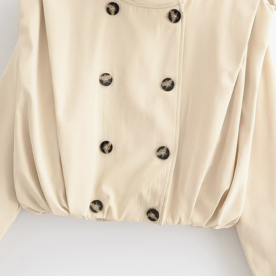 Dam Kort Double-Breasted Trenchcoat med Stå Krage, Shoulder Straps och Elastic Nederkant