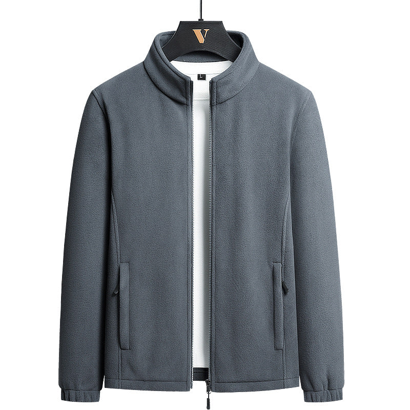 Herr Nano Minimalistisk Microfleece Cardigan med Ståkrage, Tvåvägsdragkedja och Elastiska Muddar