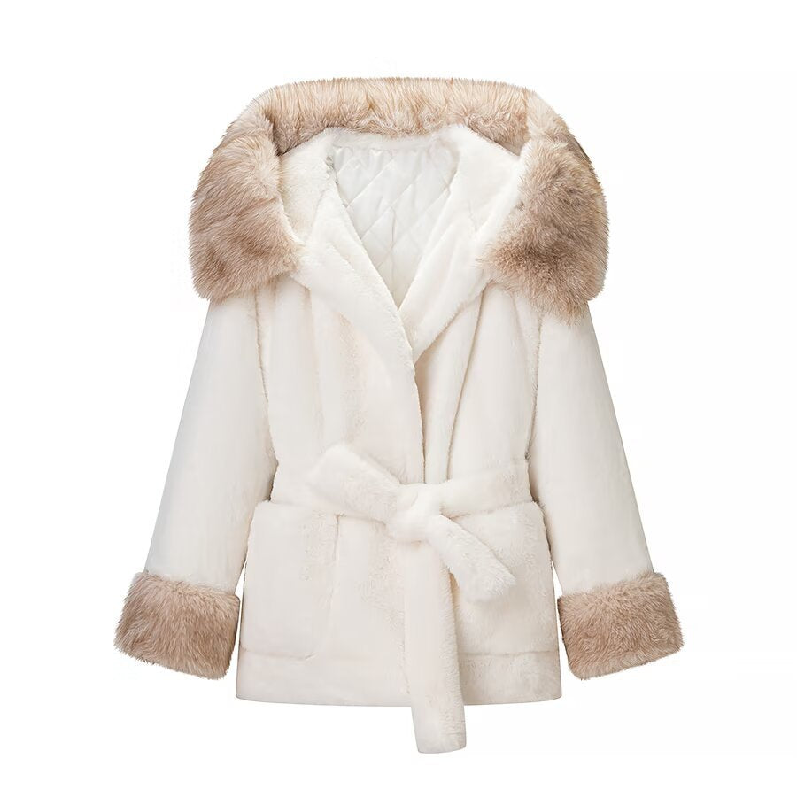 Dam kort kappa med huva och belted midja gjord faux fur