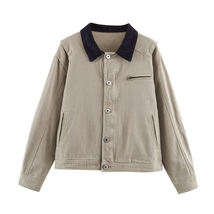 Dam Kort Blouson i Worker Look med Cord Krage och Dragkedja Ficka