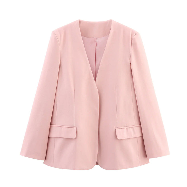 Dam no-button lång blazer jacka med deep V-neck, figursydd darts, och flap fickor