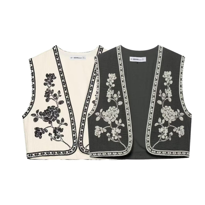 Dam lätt embroidered bomull väst i Boho stil med V-neckline och decorative edge kant