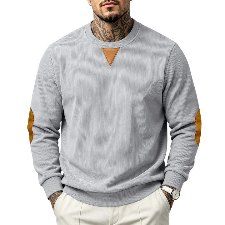 Herr College-Tröja med Textured Stickad, Elbow Lappar och Round Neckline