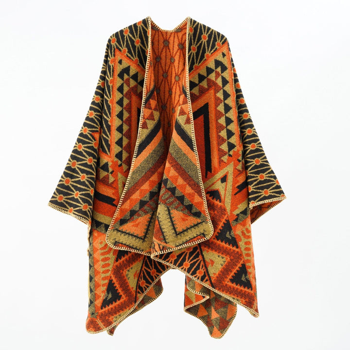 Dam Structured Jacquard poncho Overlay med Graphic Ethno mönster och Open kimono Fall