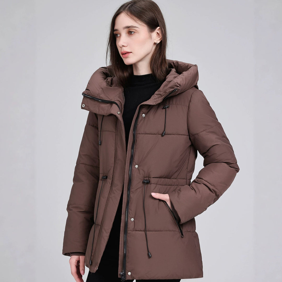Dam vadderad Mid-Length Parka med huva, Drawstring Waist och dragkedja fickor