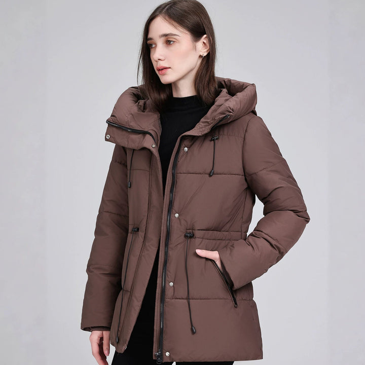 Dam vadderad Mid-Length Parka med huva, Drawstring Waist och dragkedja fickor