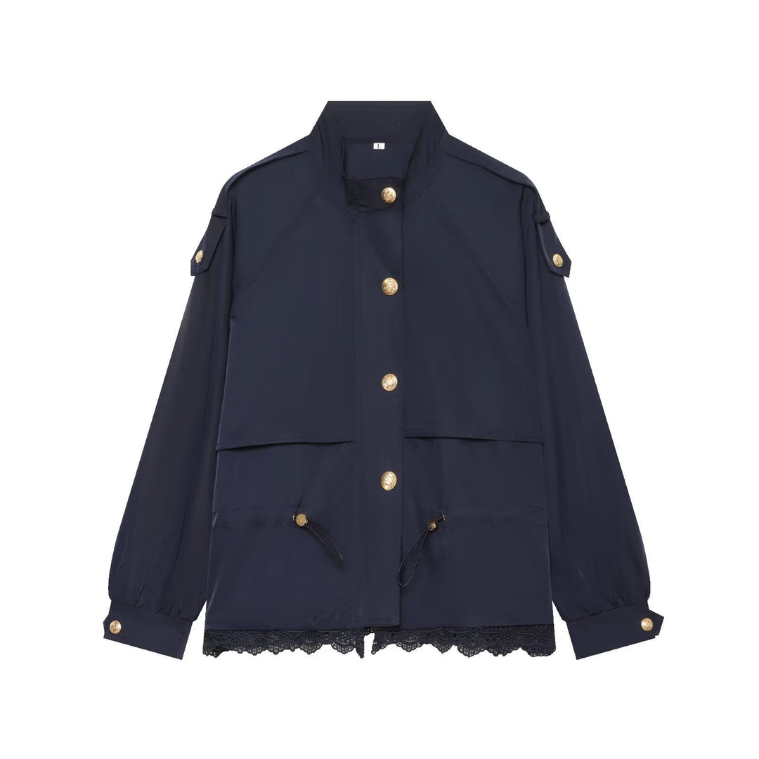 Dam 50+ Tailored Utility Blouson Jacka med Stå Krage, Drawstring Fickor och Lace Kant