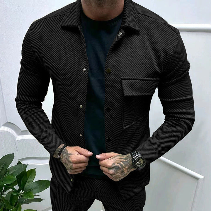 Herr slim ribbad structure overshirt jacka med tryckknapp stängning och bröst lock