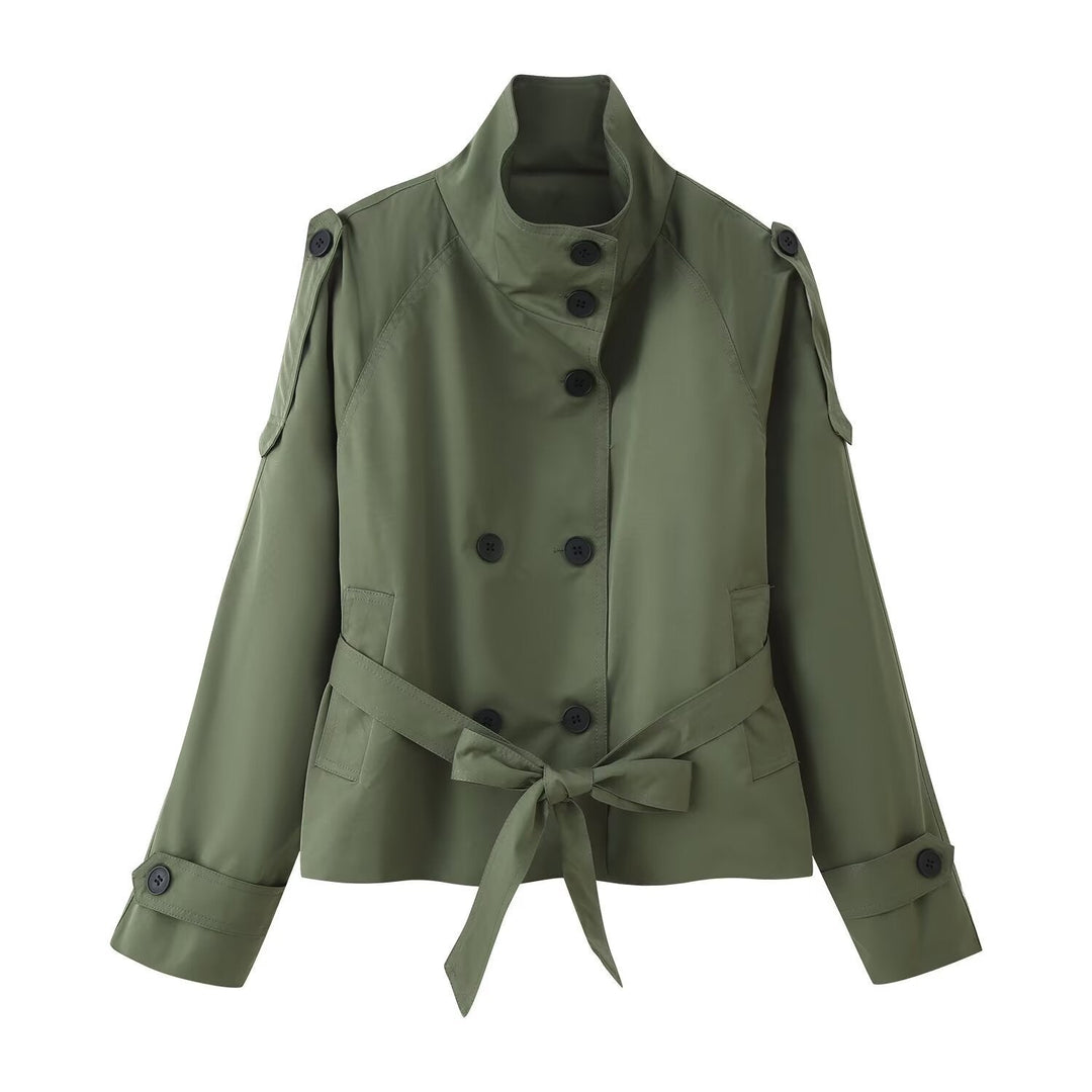 Dam 400+ Kort Fitted Trench Jacka med Stå Krage, Double-Breasted Knapp Knäppning och Belt