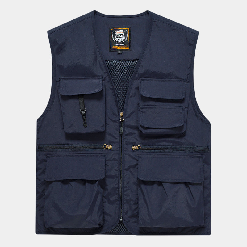 Herr Multi-Pocket Fishing Väst Tillverkad av Canvas med Mesh Ventilation och Dragkedja