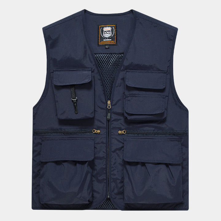 Herr Multi-Pocket Fishing Väst Tillverkad av Canvas med Mesh Ventilation och Dragkedja