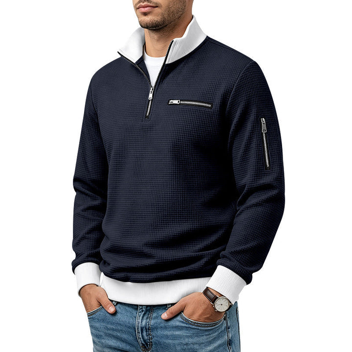 Herr Waffle-Stickad Turtleneck med Contrast Krage, Zippered Bröstficka och Ärmficka