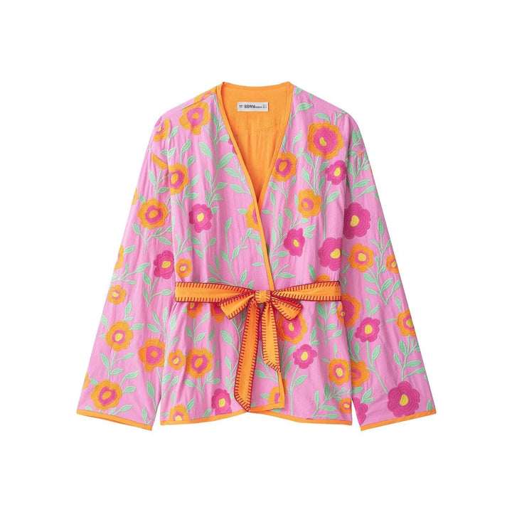 Dam Embroidered Kort Kimono Tillverkad av Bomull Blend med Tied Belt och V-Neck