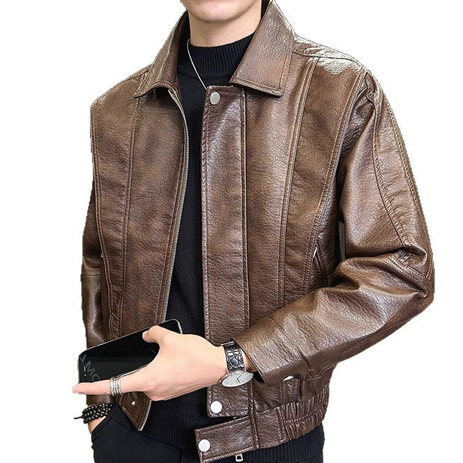 Herr Kort oversize Läder Imitation Blouson med ståkrage, Dragkedja och elastisk fåll