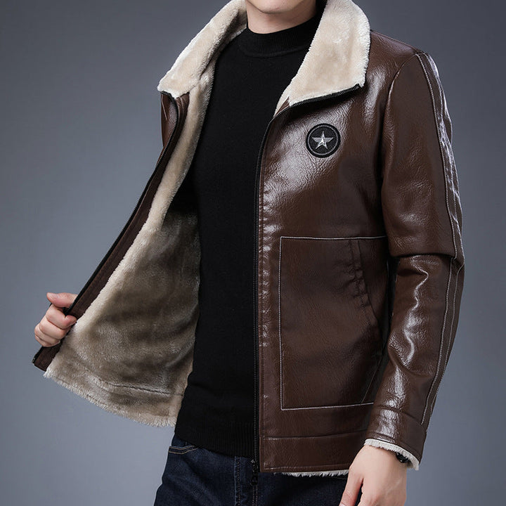 Herr Pilot Blouson i Läder Look med Sherpa Foder och Stående Krage