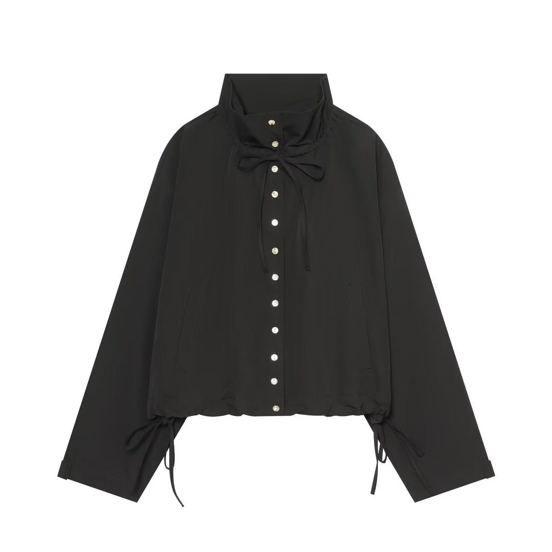 Dam Kort Kort Blouson med Hög Stå Krage, Knapp Knäppning och Drawstring Nederkant