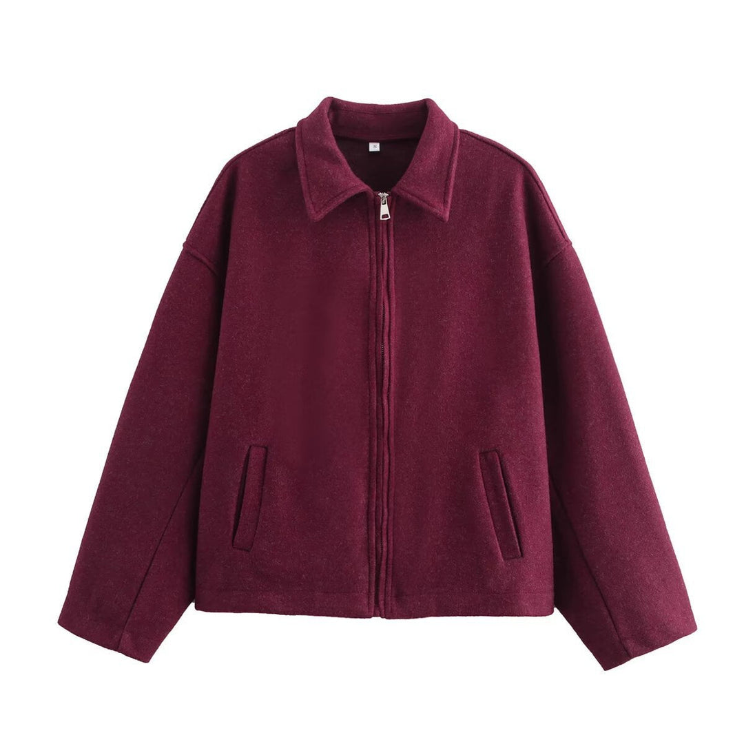 Dam Oversize Ull Blend Boxig Jacka med Full Dragkedja och Side Fickor