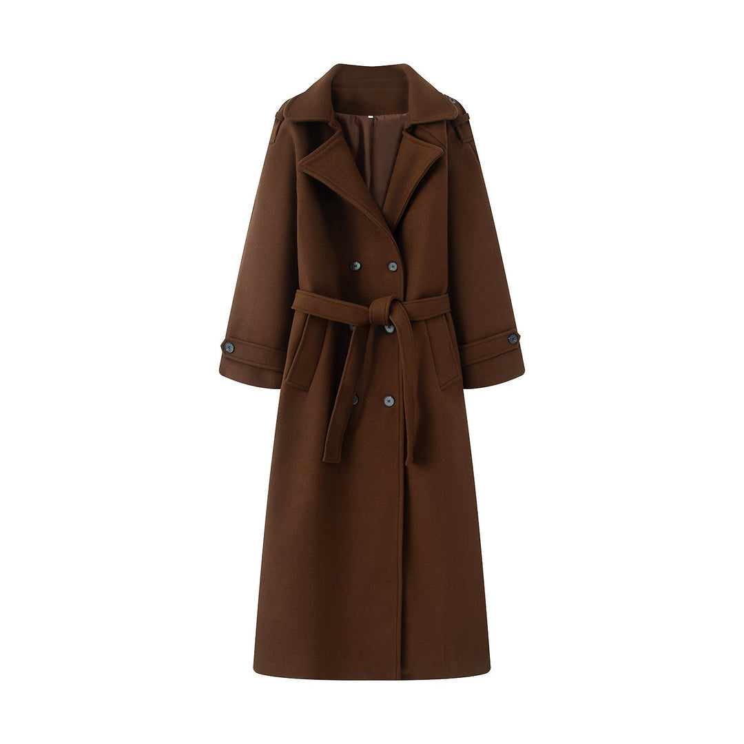 Dam longer ullblandning trenchcoat med sjalkrage, midjebälte, och double-breasted knäppning