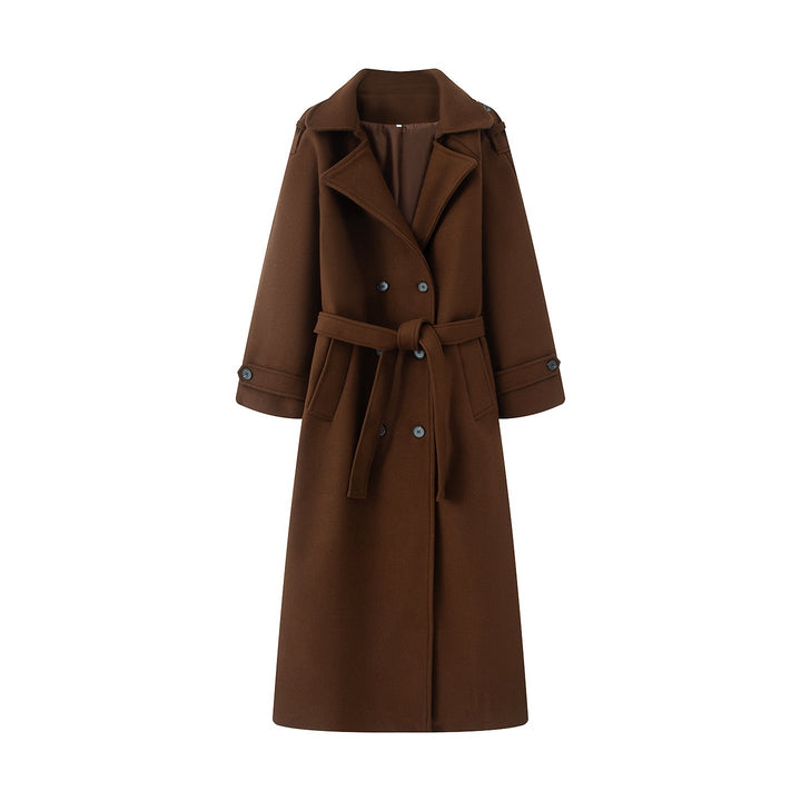 Dam longer ullblandning trenchcoat med sjalkrage, midjebälte, och double-breasted knäppning