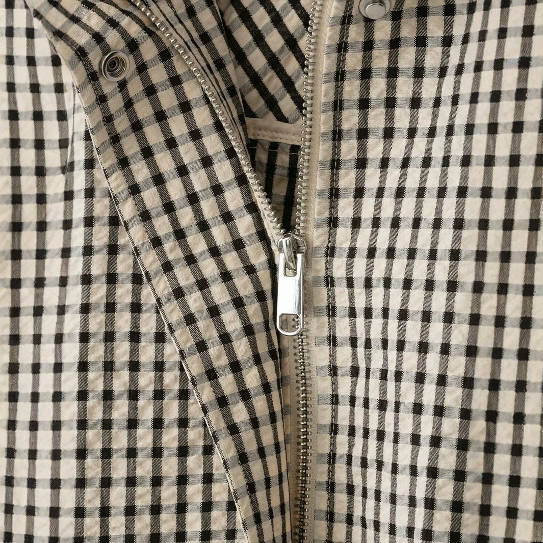 Dam kort cropped rutig blousonjacka med ståkrage, elastisk fåll och hidden dragkedja
