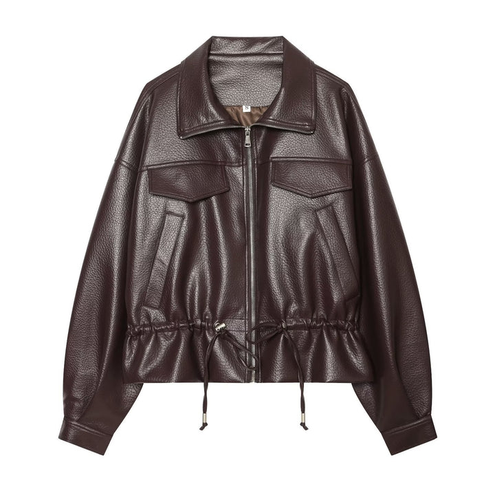 Dam Kort Jacka Tillverkad av Embossed Artificial Läder med Drawstring Waist och Lock Fickor